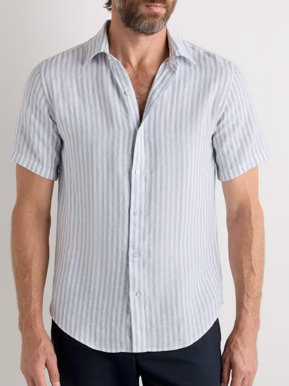 Quince 100% European Linen Relaxed Short Sleeve Shirt, Sky Blue Mariner Stripe